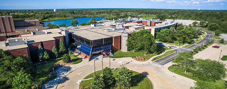 Aerial view campus front entrance